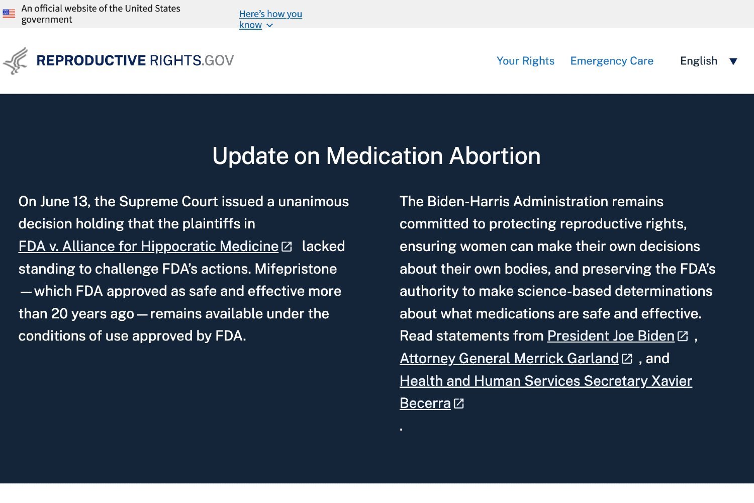 A screenshot of an archived version of the Reproductiverights.gov website